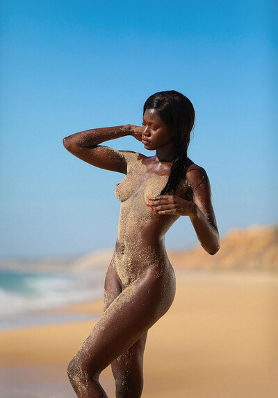 Attractive Ebony model displays her soaking wet assets while posing on a beach